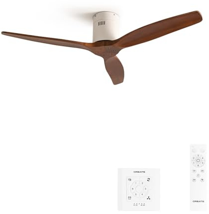 CREATE / WINDCALM NATURAL WOOD M/Ventilador de techo blanco aspas madera oscura con controlador y mando / 40W, Temporizador, Ø132 cm, 6 velocidades, silencioso, función verano-invierno