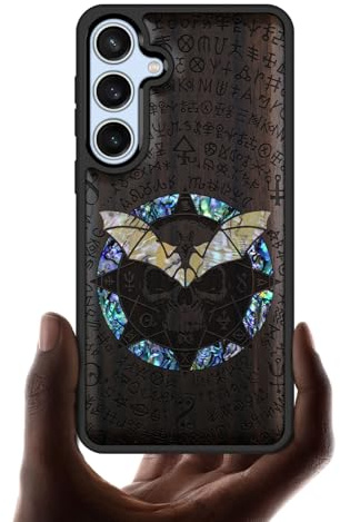 Carveit Designer Wooden Case for Samsung Galaxy S24 FE Case Cover [Wood Engraving & Shell Inlay] Compatible with Wireless Chargers S24 FE Cover (Bat and Skull-Blackwood)