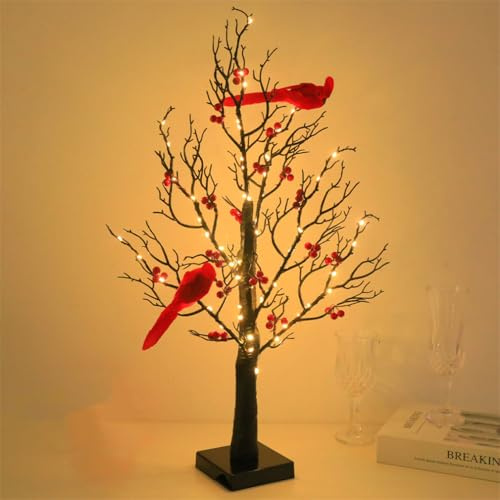 Arbres Lumineux Vintage à LED, Petites Lumières d'arbre en Forme d'oiseaux Rouges, avec Branches Et Baies Lumineuses, Branches Artificielles, pour La Maison, La Cheminée, Le Bureau