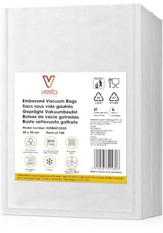 Vesta Precision Vakuumierbeutel mit Prägung zum Kochen und Verpacken | BPA-frei, 30% weniger Kunststoff, mikrowellen-, gefrier- und Sous-Vide-geeignet | 100 Einheiten à 20x30 cm