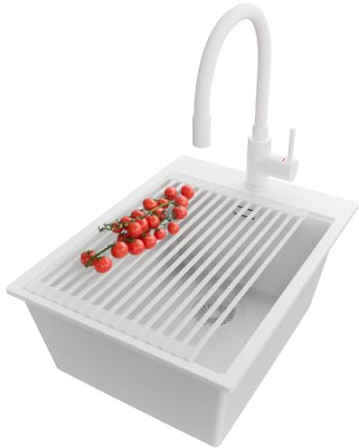 PRIMAGRAN Lavandino da Cucina Tutto Bianco 38x50cm, Lavello in Granito a 1 vasca + Rubinetto 38x14cm + Set di accessori, Lavabo Incasso al mobile 40cm - Oslo