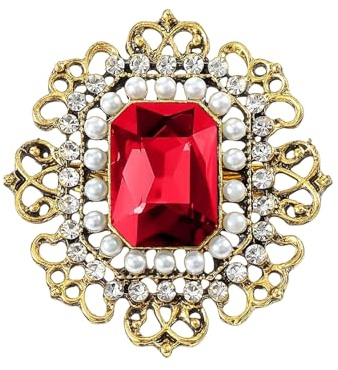 Broche retro para mujer, broche vintage de diamantes y perlas, broche floral victoriano, broche de cristal brillante rojo con strass, joyería personalizada para regalo de cumpleaños o boda