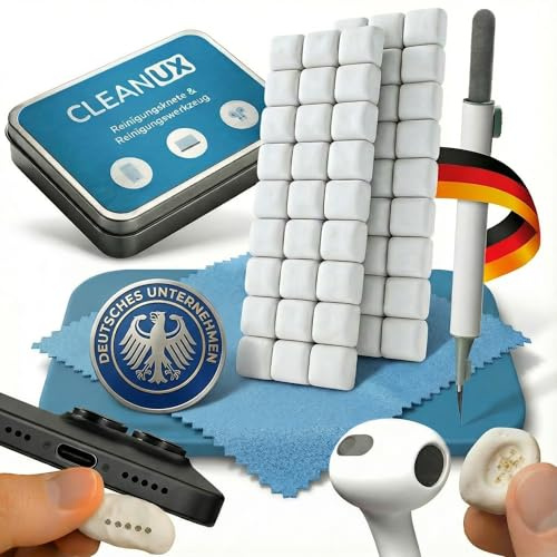 CLEANUX Reinigungsknete Handy Reinigungsset – iPhone Zuebhör mit 60 Reinigungsknete-Portionen, Multifunktionswerkzeug & Mikrofasertuch – Ladebuchse Reiniger für AirPods, USB-C & Lautsprecher