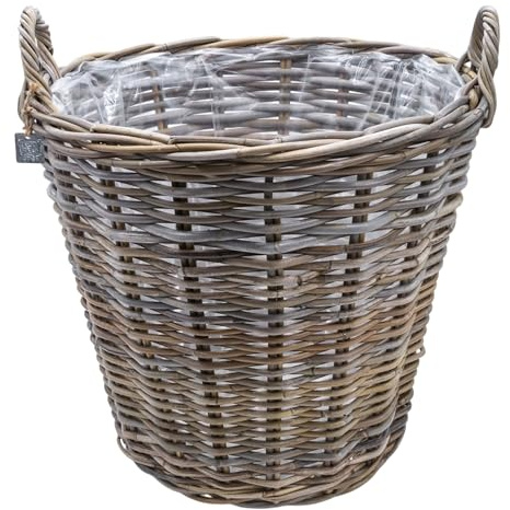Spetebo XXL Rotting växtkorg natur med folie för inomhus- och utomhusbruk – 55 x 45 cm – planteringskruka stor rund flätad med handtag – trädgårdsdekoration blomkorg, blomkruka, blomkruka, växtkruka