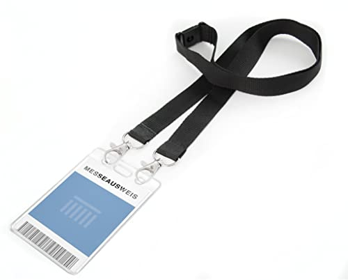 Karteo® Ausweishülle vertikal Din A7 (74 x 105mm) mit 20mm Schlüsselband Lanyard schwarz mit Doppelkarabinerhaken und Sicherheitsverschluss Ausweishüllen transparent Plastik