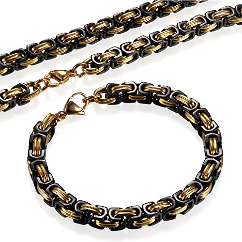 Flongo 2 stycken herrkedja armbandsset, rostfritt stål halsband armkedja armring kedja kungskedja svart silver guld gyllene dominerande biker punk rock män accessoarer, 21.5 centimeters, Rostfritt
