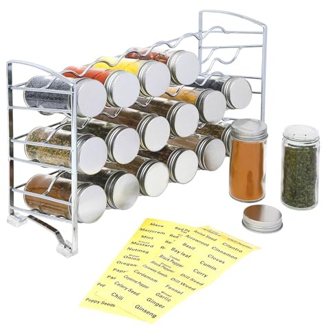 Amtido Spice Rack Storage - 3 Tier Metal Spice Rack Organiser with 18 Empty Glass Jar Bottles and 48 Sticker Labels - Stylish Herbs and Spices Organiser for Kitchen Cupboard Island and Pantry – Chrome