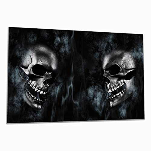 Wallario Herdabdeckplatte/Spritzschutz aus Glas, 2-teilig, 80x52cm mit 13 mm hohen Füßen, für Ceran- und Induktionsherde, Rauchende Schädel