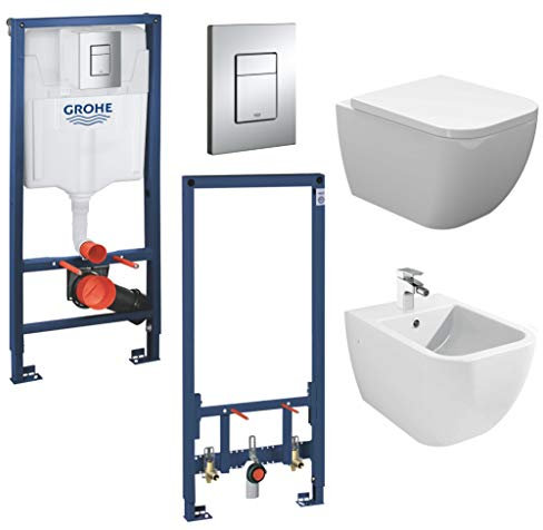 vanvilla Wand Hänge WC Tara Spülrandlos Toilette mit Soft-Close WC-Sitz Hänge Bidet mit Grohe Vorwandelement SET