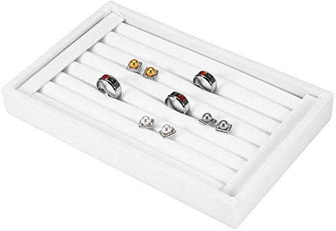 Bewinner Caja de exhibición de joyería de 4 Colores, Bandeja de exhibición de Anillo de Madera + Pelusa Solo con 7 Ranuras, Estuche de Almacenamiento de 50 Anillos para la colección del hogar(Blanco)