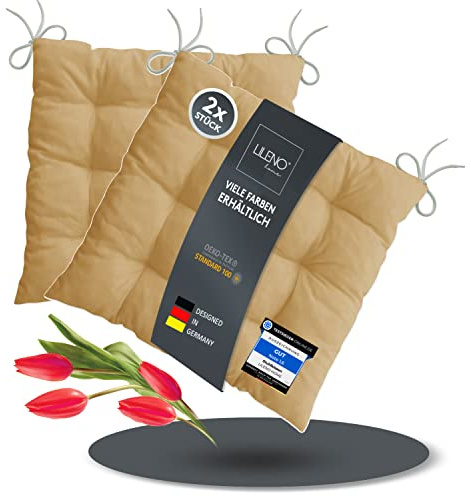 LILENO HOME 2er Set Stuhlkissen Taupe (40x40x6 cm) - Sitzkissen für | Gartenstuhl, Küche oder Esszimmerstuhl - bequeme UV-beständige indoor u. outdoor Stuhlauflage als Stuhl Kissen