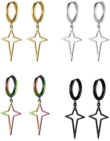 JewelryWe Schmuck Ohrringe Creolen, Edelstahl Huggie Hoop Klappcreolen Ohrpiercing Ohrhänger Ohrstecker mit Stern Anhänger für Herren Damen Silber Gold Schwarz
