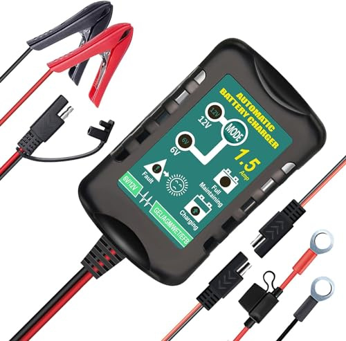 Chargeur de Batterie 12 V/6 V, Chargeur Automatique Intelligent de 1,5 A, Chargeur de Batterie pour Moto, Tondeuse à Gazon, Voiture, Bateau, Tracteur, VTT, SLA VRLA Gel Cell AGM Plomb-Acide