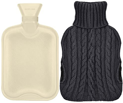 Bouteille d'eau Chaude, avec Housse en Tricot Souple - Bouillotte de 2 L pour soulager douleur, dos, cou et les crampes menstruelles, excellent cadeau pour Dames, hommes et enfants - Gris foncé