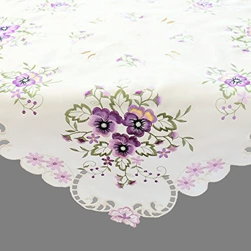 Raebel OHG Tischdecke Tischläufer Mitteldecke Deckchen Kissenhülle Frühling Bestickt mit Stiefmütterchen in violett auf cremefarbigem Untergrund (85 x 85 cm)