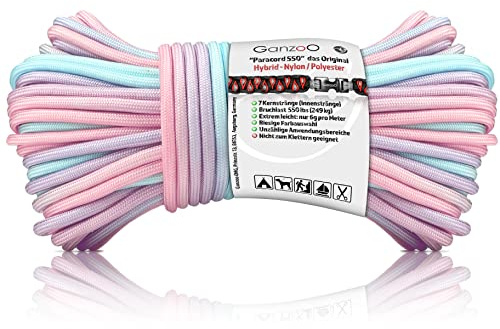 Ganzoo Paracord 550 typ 3 rep, pastell regnbåge, 30 m rulle 4 mm, 7 kärntrådar, nylon/polyester, för armband, hundkoppel och halsband, camping, överlevnad, DIY