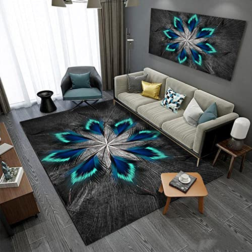 Rururug Teppiche Rechteckig, Schwarz grau Holzmaserung, Türkis blau Feder Muster,Teppich Flur Schlafzimmer Küche Wohnzimmer Kinderzimmer,Design Kurzflor Antirutsch Waschbar,Rectangular 120 x 160 cm