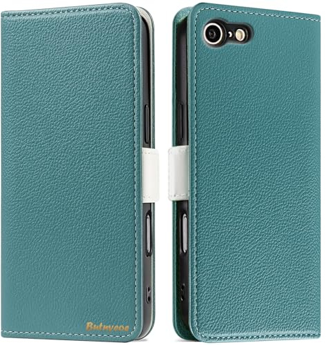 Butnyeoe Handyhülle für iPhone SE 2022/iPhone SE 2020/iPhone 8/iPhone 7 Klappbar Hülle,Litschi Textur Leder Wallet Schutzhülle Tasche Flip Cover Case Klapphülle mit Kartenfach,Blau Grün