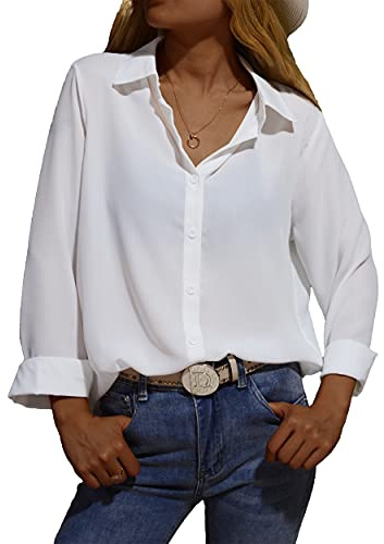 Zahala Battery Women's Button Down Shirt V-Neck Long Sleeve Chiffon Office Business Shirt Casual Blouse Tops for Ladies(White,XXL)
