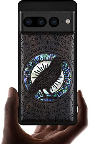 Carveit Designer Wooden Case for Google Pixel 7 Pro Case Cover [Wood Engraving & Shell Inlay] Unique Wood Phone Case Compatible with Wireless Chargers Pixel 7 Pro Case (Witchcraft Raven-Blackwood)
