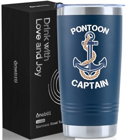 Onebttl Funny Pontoon Boat Gifts for Boat Owners, 20oz Stainless Steel Tumbler with Spill-Proof Lid and Straw, Gift Card & Box Included, Navy Blue - Pontoon Captain