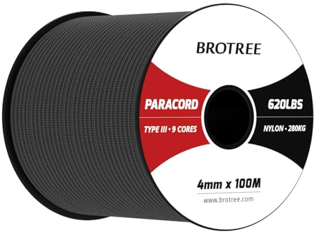 Brotree Paracord 4mm 100M 9 Stränge 100% Nylon Seil Schnüre Typ III für Survival, Outdoor, Heimwerken - Bruchlast 280kg (Schwarz)