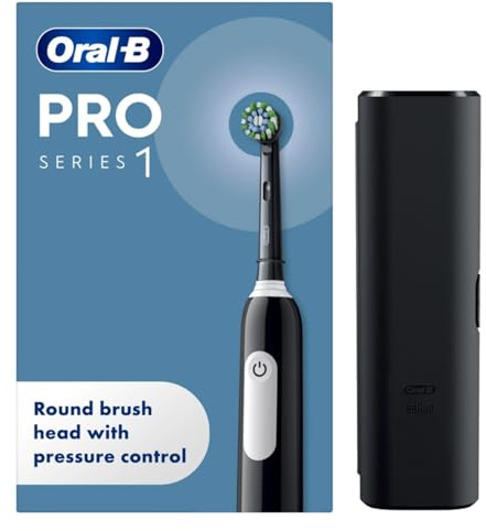 Oral-B Pro 1 Electric Toothbrush with 3D Cleaning, Gifts for Women/Men, 1 Toothbrush Head & Travel Case, Gum Pressure Control, 2 Pin UK Plug, Black