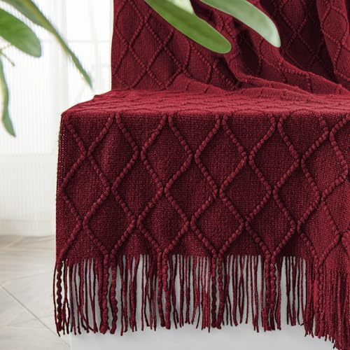 inhand Gestrickte Überwurfdecken für Couch und Bett, weiche, gemütliche Strickdecke mit Quaste, weinrot, leichte dekorative Decken und Überwürfe, Bauernhaus-warme gewebte Decke für Männer und Frauen,
