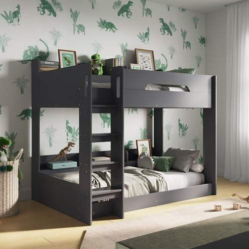 Flair Furnishings - Low Bunk Beds for Kids, Heavy Duty and Sturdy with Shelves, Cosy, Stylish, Space Saving Design (Grey)