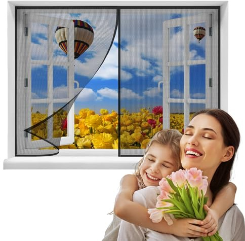 Magnet Fliegengitter Fenster,90x120 für Die, und TerrassenFenster, Klebemontage ohne Bohren (Schwarz)