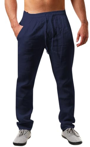 Runcati Pantalones de Lino para Hombre, Lisos, Largos, Ligeros, Holgados, con cordón, para Vacaciones, Playa, Uso Diario, Azul Oscuro, XL