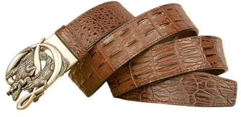 NALANY Brauner Gürtel Mit Krokoprägung Herren & Damen Ratsche Ledergürtel Automatikschließe Geschnitztes Silberne Tierschnalle Für Anzug Business Kleidung(125cm/49, Crocodile)