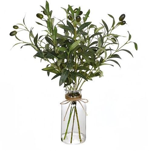 Avoik Künstliche Olivenzweig Zweige mit Glasvase, Künstlicher Pflanze Greenery Olive Zweige Faux Eukalyptus Stämme für Home Büro Wohnzimmer Hochzeit Küche Tisch Centerpiece Dekor
