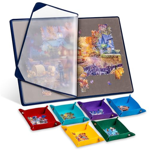 Tektalk Planche à Puzzle avec 6 Plateaux de tri, Tapis de Puzzle Portable avec Housse Anti-poussière pour économiser Le Rangement, Surface antidérapante, jusqu'à 1000 pièces (avec 6 Plateaux colorés)