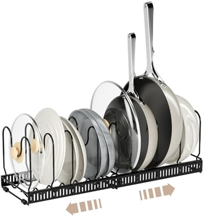 Hawthyhome Pan Organiser Rack for Cupboard，Expandable pan storage rack with 7 Adjustable Dividers,Pot Lid Holder,Chopping Board Holder Rack,Black