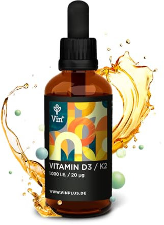 Vinplus Vitamin D3 K2 1000 IE Tropfen - 50 ml flüssig - Premium: 99,7+% All-Trans - ca. 1700 Tropfen mit Vitamin D + K - Vegetarisch, ohne Zusätze, in Deutschland produziert