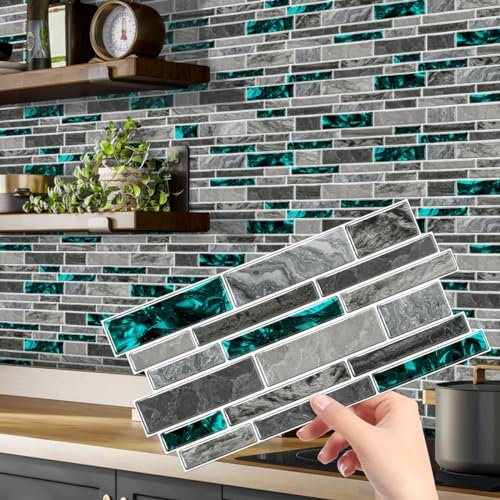 Fliesenaufkleber Smaragdgrün Klebefliesen Küche 3d Wandpaneele Selbstklebend PVC Fliesenaufkleber Bad Wasserdicht Selbstklebende Fliesen Leicht Zu Schrubben Fliesensticker48 PC(12x24cm)