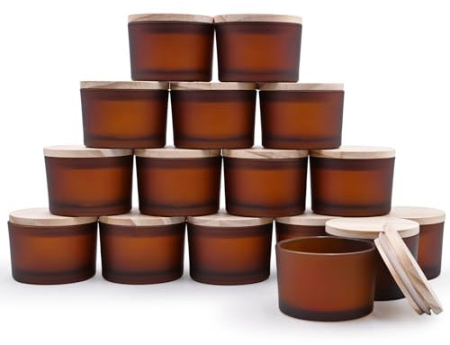 SHOWIN Dicke Kerzengläser zur Herstellung von Kerzen, leere bernsteinfarbene Gläser mit Holzdeckel für Kerzenherstellung, Probenbehälter, mattes Braun, 118 ml, 16 Stück