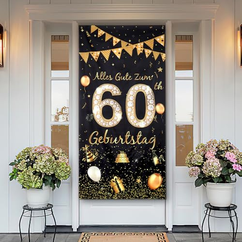 Geburtstagsbanner 60 Jahre, 60 Geburtstag Deko Hintergrund 185 × 90 cm | Schwarz Gold Banner Deko Lange, Alles Gute zum 60th Geburtstag Deko, Tür Banner für Mann Frau 60.Geburtstagsfeier