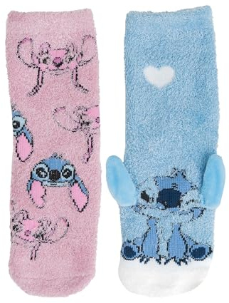 Disney Lilo & Stitch 3D ABS Cuddly Socks for Girls - Fluffy Children's Winter Socks Stopper Socks Non-Slip Socks Pink/Blue (Pack of 2)