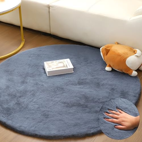 FeinKulturia Teppich Rund 120 cm, Kaninchenfellimitat Hochflor Waschbare Teppiche, Flauschig EIN Rutschfester Weicher kinderteppich rund für Wohnzimmer, Schlafzimmer