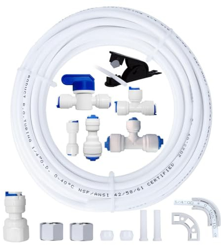 Universal Wasserzulaufleitung Anschlussset, für Osmoseanlage, Trinkwasser-Wasserhahn ohne Luftspalt, 15m 1/4 Schlauch mit Verbindern, T-Stücken, Absperrventil, Rohrschneider & Montagezubehör