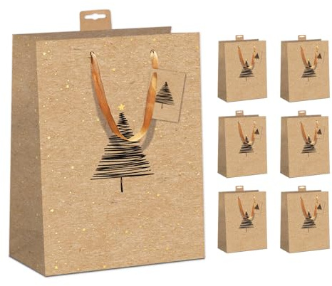 Geschenktüten Weihnachten Groß | Recycelter FSC®-Kraftkarton (200 g/m²) mit Baumwollband & Namenskarte | Verstärkter Rand & Boden | Reißfest | Weihnachtstüten DIN A4 (26x32x12cm), 6 Stück