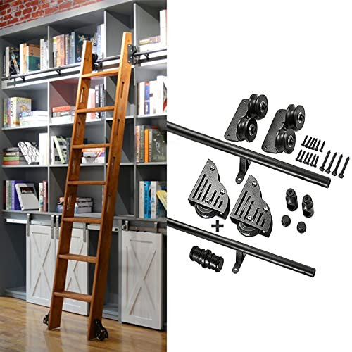 Kit de herramientas de escalera deslizante de acero con ruedas de rodillo de suelo de 6.5 pies para escaleras de biblioteca y más