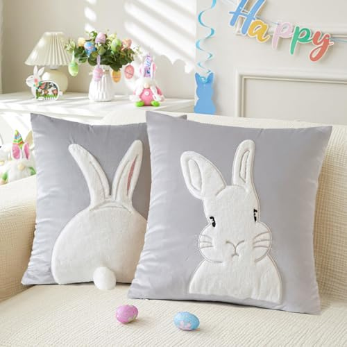 Kissenbezug Ostern 45x45 cm, 2 Stück Osterdeko Hase Schwanz Kissenbezug Samt, Osterdeko Modern Hase Deko Kissenhülle, Osterhase Kissenbezüge für Kissen 45x45, Ostern Deko Zimmer Deko Aesthetic (Grau)