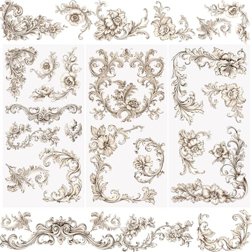 WANDIC 3 Sheets Rub on Transfer Stickers, Vintage Flower Border Furniture Transfer Stickers for DIY Scrapbook Photo Album Cabinet,15 * 30cm