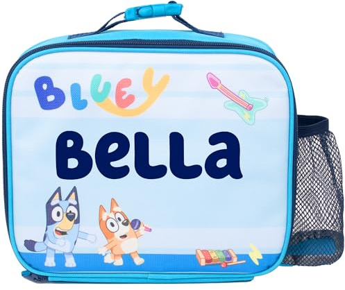 Bluey - Bolsa de almuerzo personalizada para niños, bolsa de aperitivos aislada para niños y niñas, para guardería y escuela, personalización de nombre, color azul