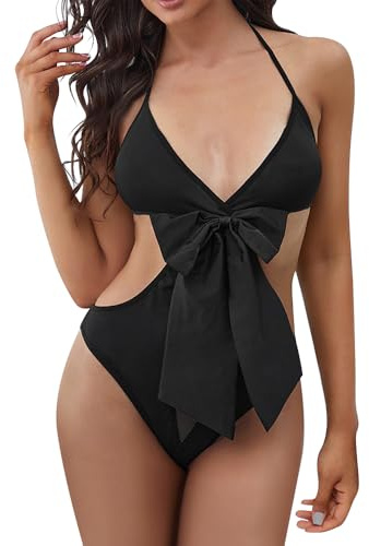 HOTSO Women's Chrismas Santa Sexy Teddy Bodysuit Lingerie One Piece Bowknot Underwear Halter Neck Backless Strap Jumpsuit Side Openning Hollow Out Sleepwear Naughty Nightwear Pajamas for Women Xmas