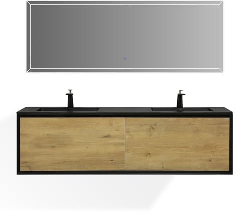Moments of Glass Fidia – Mueble de Baño Doble Seno 190 cm Negro Mate y Roble con Lavabo de Resina Mineral y Espejo LED