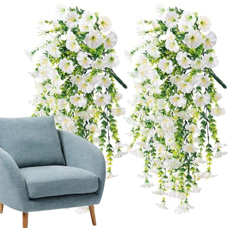 2 Stück Kunstblumen Hängend Draußen - Petunien Seidenblumen, Kunstblumen Wie Echt Hängend Künstliche Hängeblumen, Wetterfest, Balkonpflanzen Seidenblumen Für Outdoor, Balkon, Garten, Hochzeit